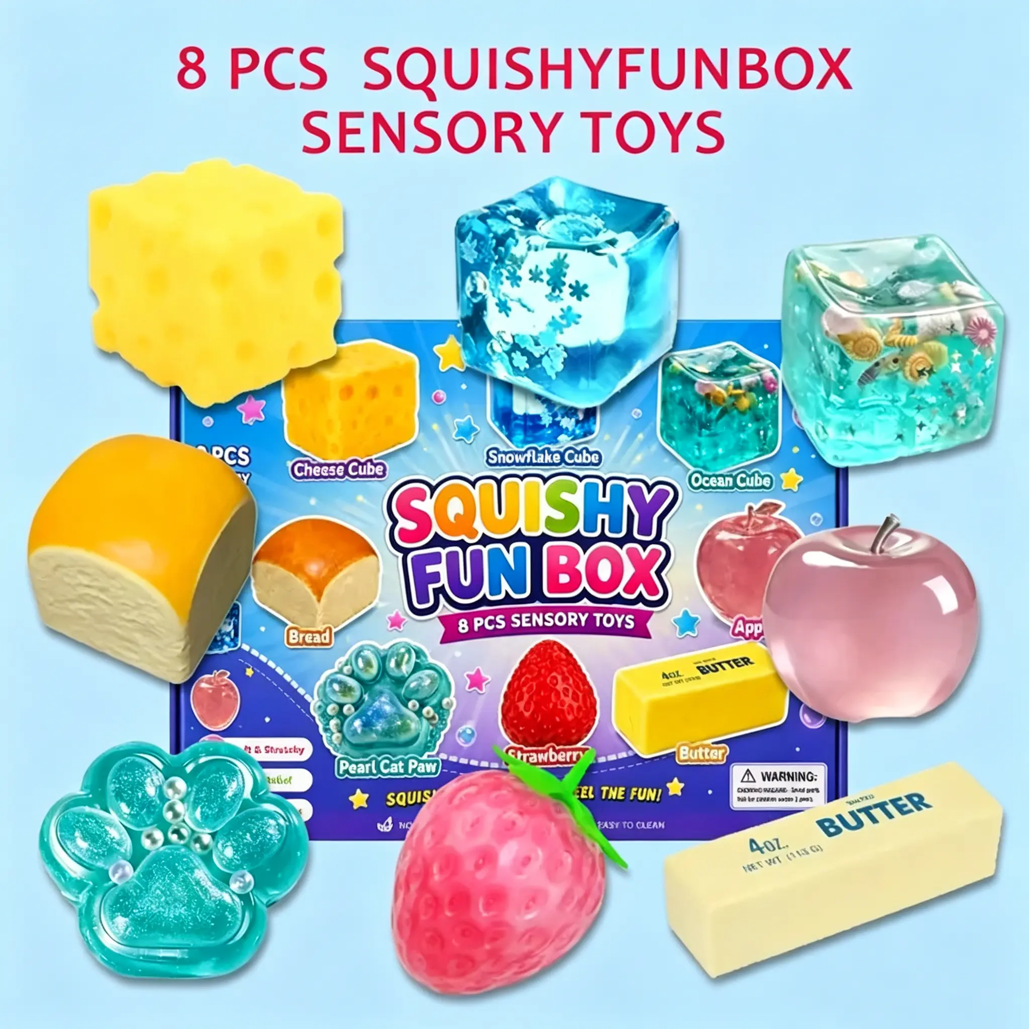 8-Piece Set Squishy Box, Malt Sugar Stress Relief Fidget Toys, Sensory Bundle, Creative Slow-Return Squishy, Party Gift, 8 Different Styles