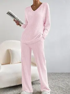 Luxe Curve 1 Set Women's Solid V Neck Top and Pocket Pants Pyjama Set,Casual Comfy Long Sleeve V Neck Top Trousers Set, Women's Warm Pajamas,Thermal Nightwear,Womens Outfits Lounge Sets Long Sleeve Pullover, Suitable For Fall & Winter Wear