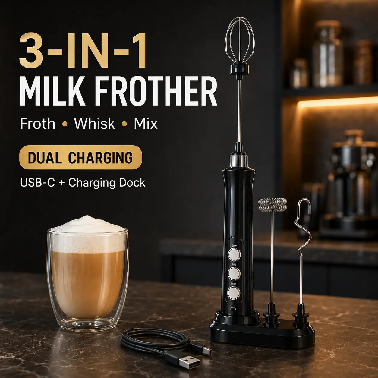 3-in-1 Milk Frother with Dual Charging USB-C & Charging Dock for Frothing Whisking & Mixing