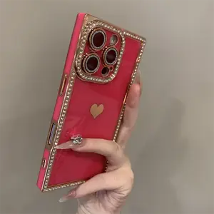 iP17promax/AirHeart-Shaped Diamond-Encrusted Square iP16 Women's Phone Case with Lens Protector for 15 Pro Max 13/14/12 Shockproof Customized Protective Casing Cover Protection Cellphone Smartphone