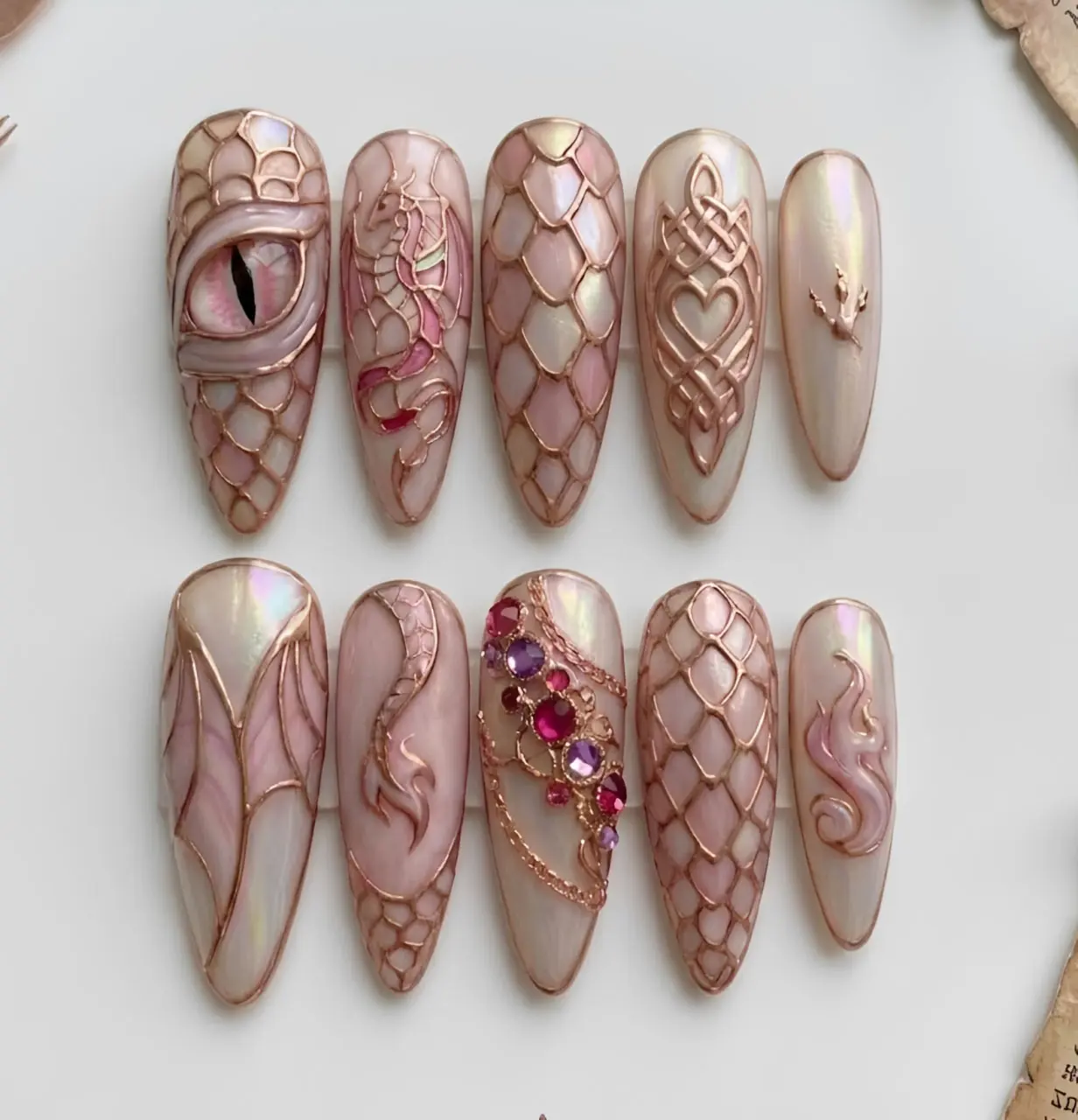 Dragon Eye Fantasy Press On Nails | Pearl Pink Dragon Scale Gothic Handmade Nails | Mythical Creature Stiletto Nail Set