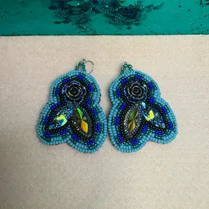 Floral Iridescent Blue Beaded Earrings - Native American Beadwork