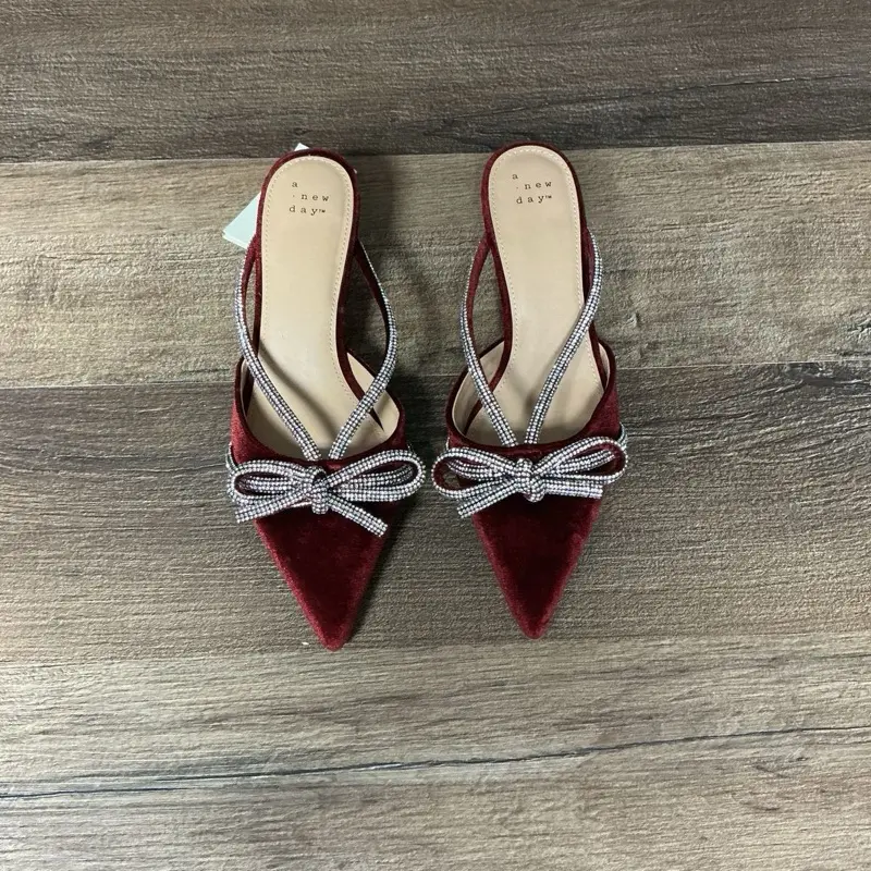 a new day Burgundy Gwen Velvet Pointed Bow Slingback Mules with Rhinestone Trim