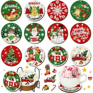12-Piece Christmas Diamond Painting Coaster Set with Stand Diamond Art Christmas Coasters Adult DIY Craft Materials (Car Theme)