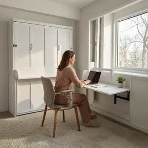 Queen Size Vertical Murphy Bed with Desk, Wood Wall Bed Cabinet with Gas Struts, Space Saving Hidden Platform Bed, Multifunctional Folding Bed with Storage Shelf, Modern Home Office Furniture (White)