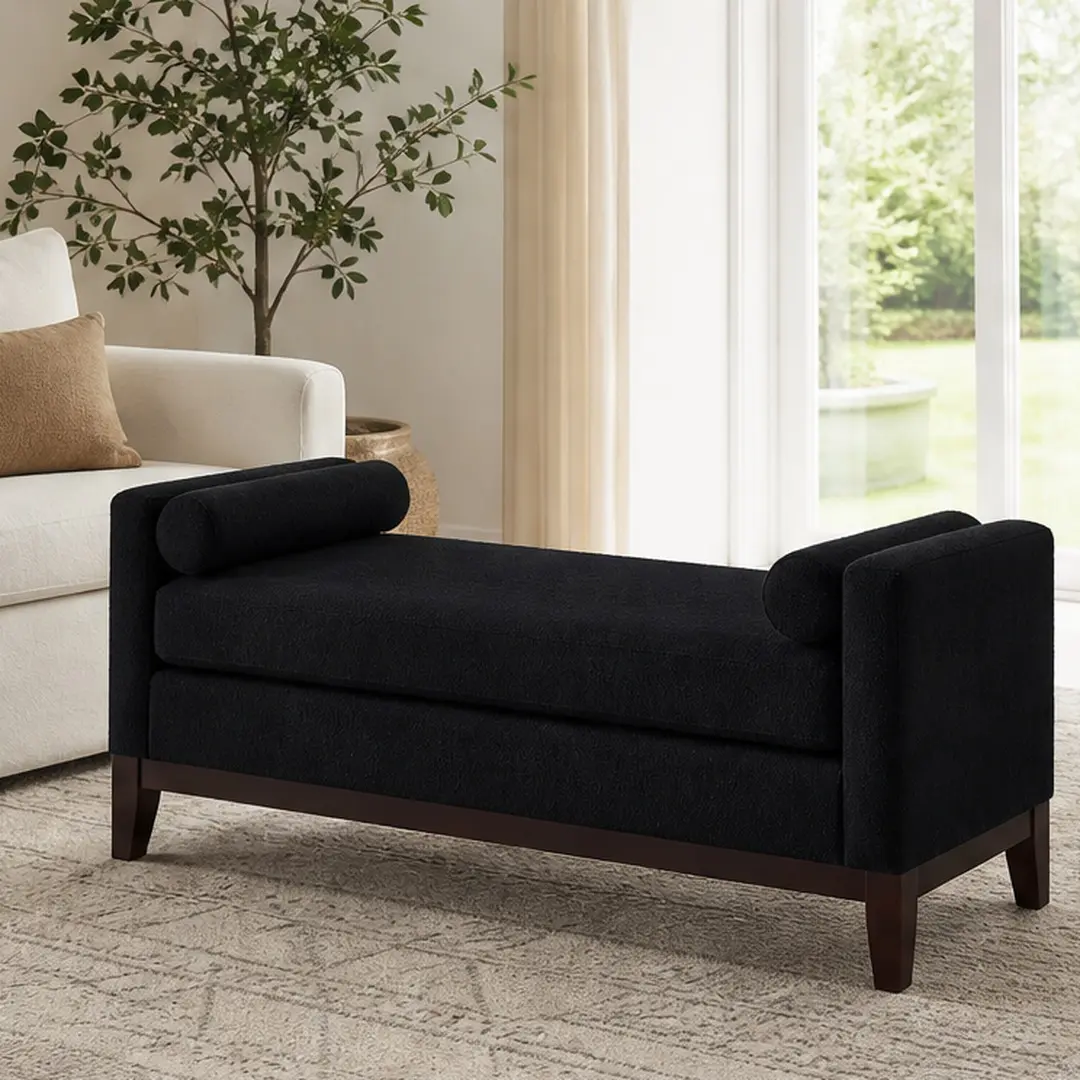 ARCH Large Upholstered Boucle Fabric Ottoman Bench with Pillows, Padded Window Seat for Living Room Entryway, Black, 51L x 18.5W x 22.5H, Foam Filled, Easy Assembly, Multiple Color Options, Beige/Black/Boucle/Dark Gray Color Options