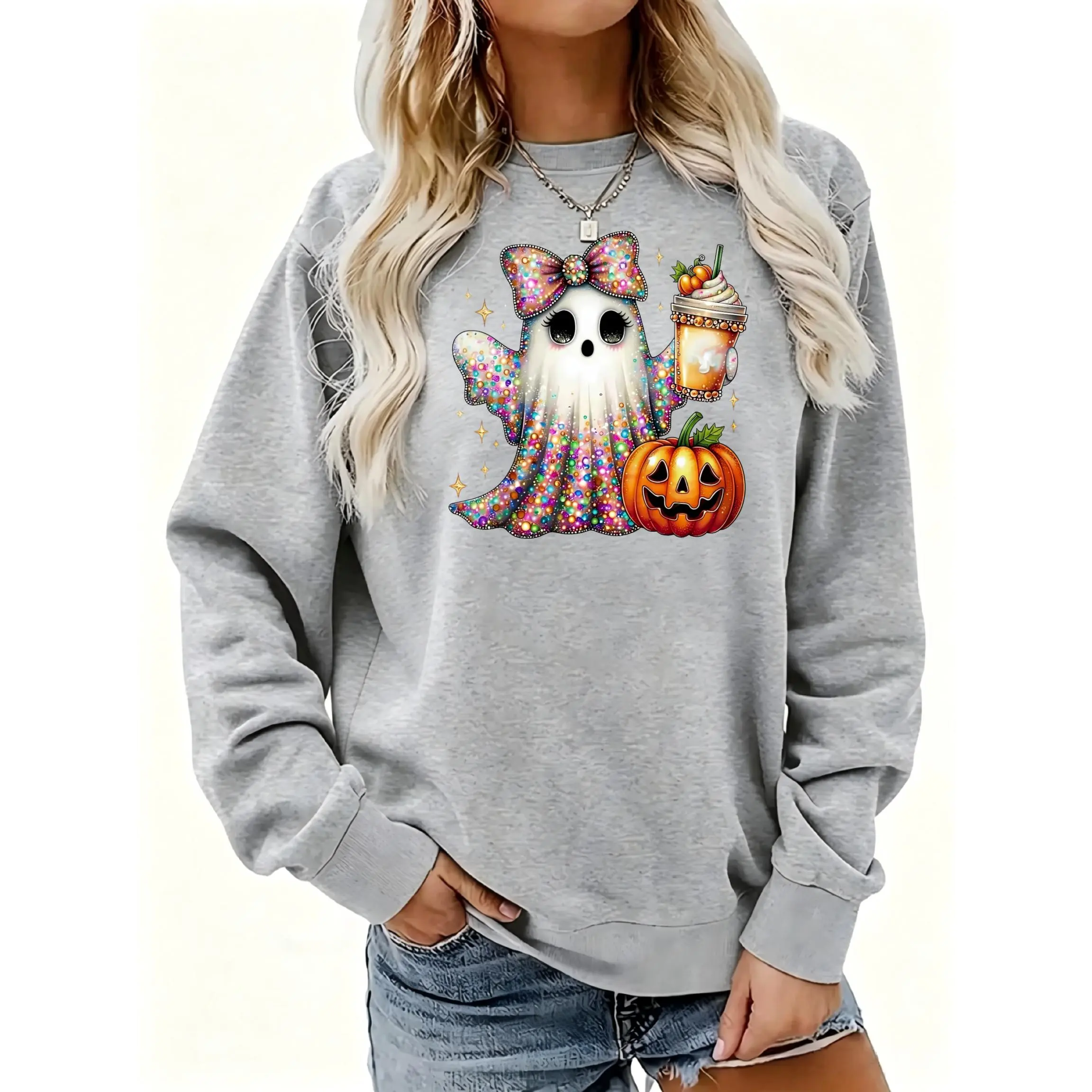 Women's Ghost Pumpkin Spice Drink Print Crewneck Sweatshirt | Soft Stretchy Long Sleeve Pullover | Cozy Fall Layering Essential For Casual Daily, Office & Streetwear Looks