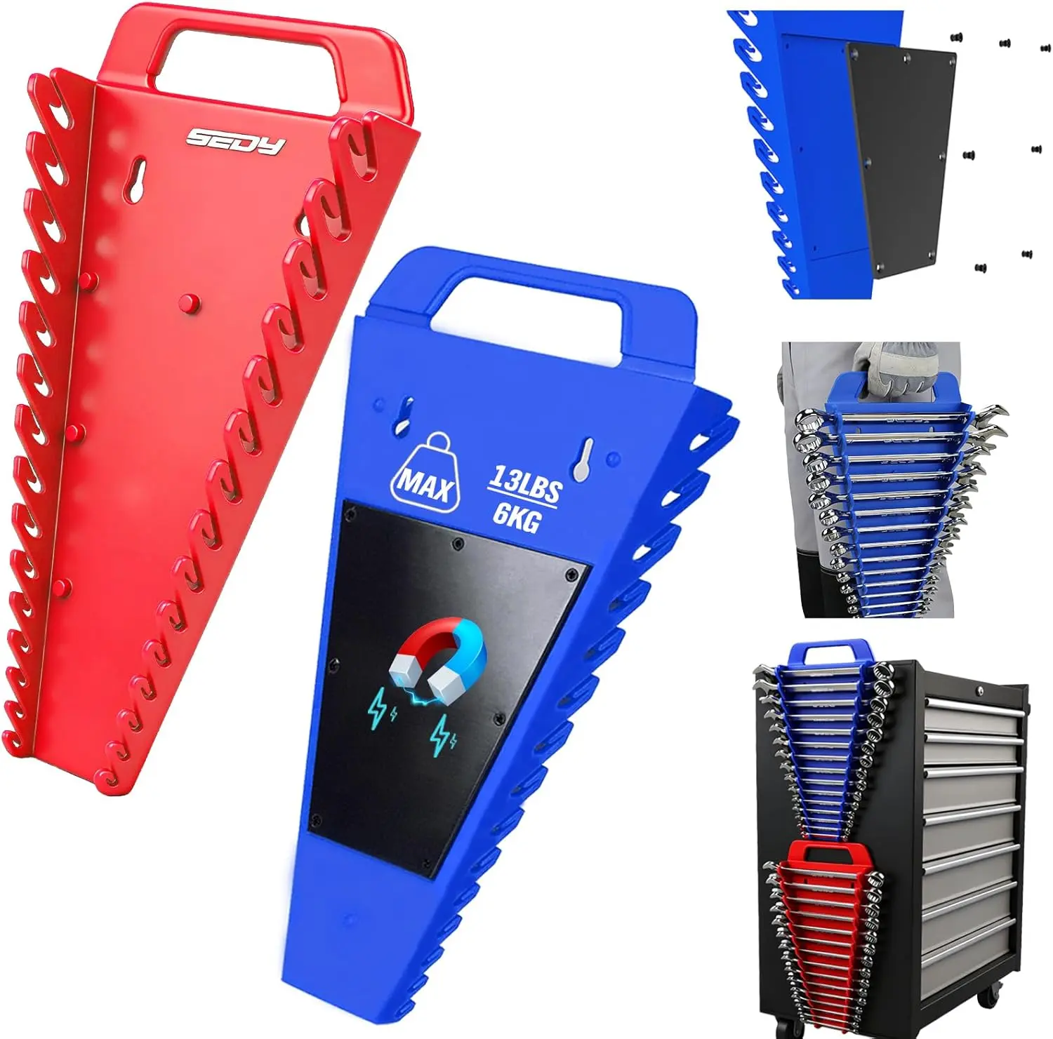 SEDY 2-Pack Magnetic Wrench Organizer with Non-Slip Handle, 24-Slot Heavy-Duty Wrench Rack Holders for Toolbox & Drawer Storage, Fits SAE 1/4"-1-1/16" and Metric 6mm-24mm Wrenches