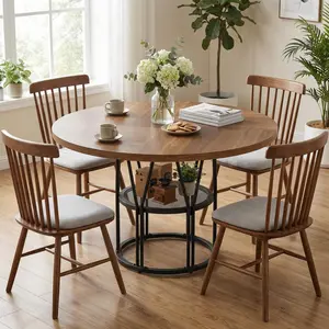 Brown 47" Round Dining Table with Storage, Modern Kitchen Table for 4-6, Sturdy Metal Frame Circle Dinner Table for Small Space, Apartment, Living Room, Office - Space Saving Design