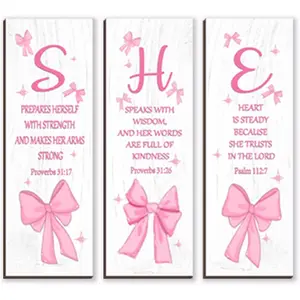 3 Pcs Pink Room Decor For Women Positive Pink Bathroom Decoration Christian Wall Decor With Inspirational Prayer Religious Bow For Home Bedroom Kitchen Office Accessories, 12x4 Inches