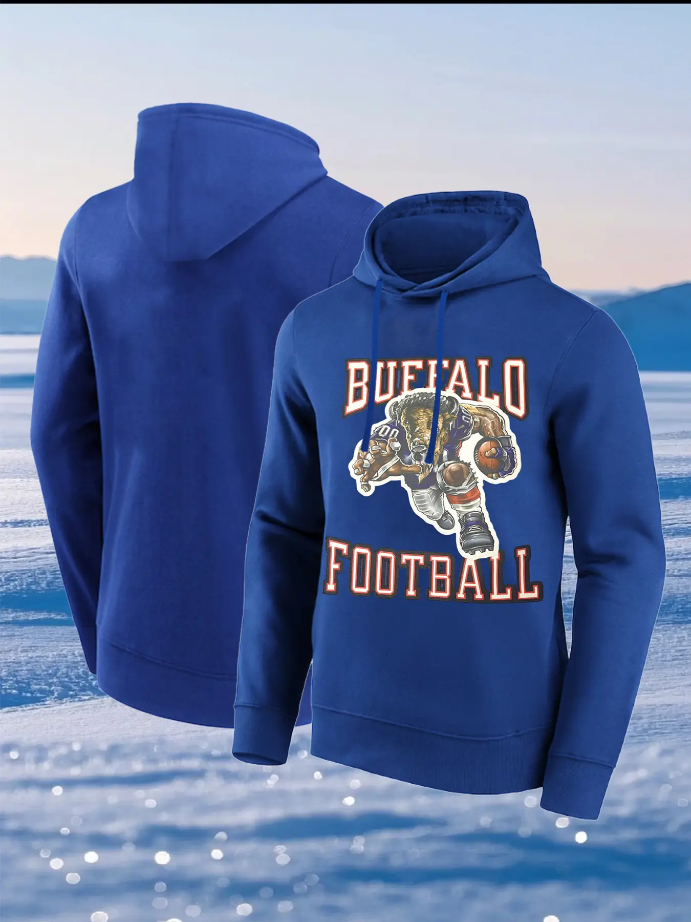 Men's Fleece Hooded Sweatshirts - Buffalo Football Hoodies Solid Color Embroidered Casual & Sporty Unisex Pullover Hoodies, Long Sleeve, Loose Fit, Machine Washable for Fall & Winter