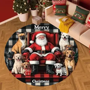Merry Christmas Themed Round Carpet, 1 Count Santa Claus Pattern Non-slip Floor Mat, Decorative Area Rug for Home Living Room Bedroom