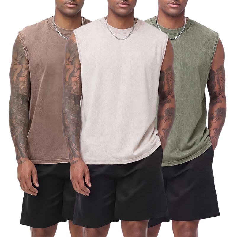 3-pack vintage textured pure cotton sleeveless T-shirts with a distressed wash; crew neck, wide shoulders; casual athletic base layer tank tops for sports, leisure, fitness, running, and basketball.