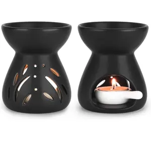 Essential Oil Burner Wax Melt Burners Set of 2, Aromatherapy Aroma Burner Ceramic Oil Diffuser Candle Tealight Holder Home Bedroom Decor Christmas Housewarming Gift, Black