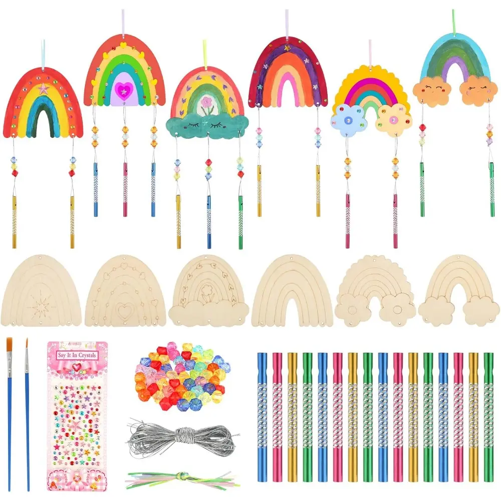 Pack of 12 Wind Chime Craft Set Children, Wind Chime Wooden Craft Set Children's Birthday Craft Creative Sets, Rainbow Decorative Wind Chime Craft Wooden Craft Sets for Girls Boys Colorful Fun