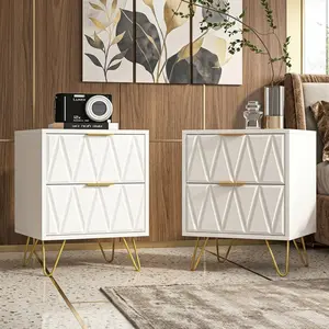 Nightstand Set of 2, Modern Carved End Side Table with 2 Storage Drawers, Minimalist Bedside Table with Golden Metal Legs, Engineered Wood Accent Furniture for Bedroom Living Room Home Decor