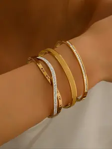 3pcs Elegant Zircon Stainless Steel Bracelet Set, 18k Gold Plated Mirror Polished, Waterproof, Personalized Jewelry for Women, Stackable Bracelets