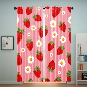 Strawberry Fruit Pattern Curtains Set, Home Decoration Curtain, All-Season Art Theme Drapes, 100% Polyester Fiber, Small Windows, Cafe, Shop, Kitchen, Bathroom