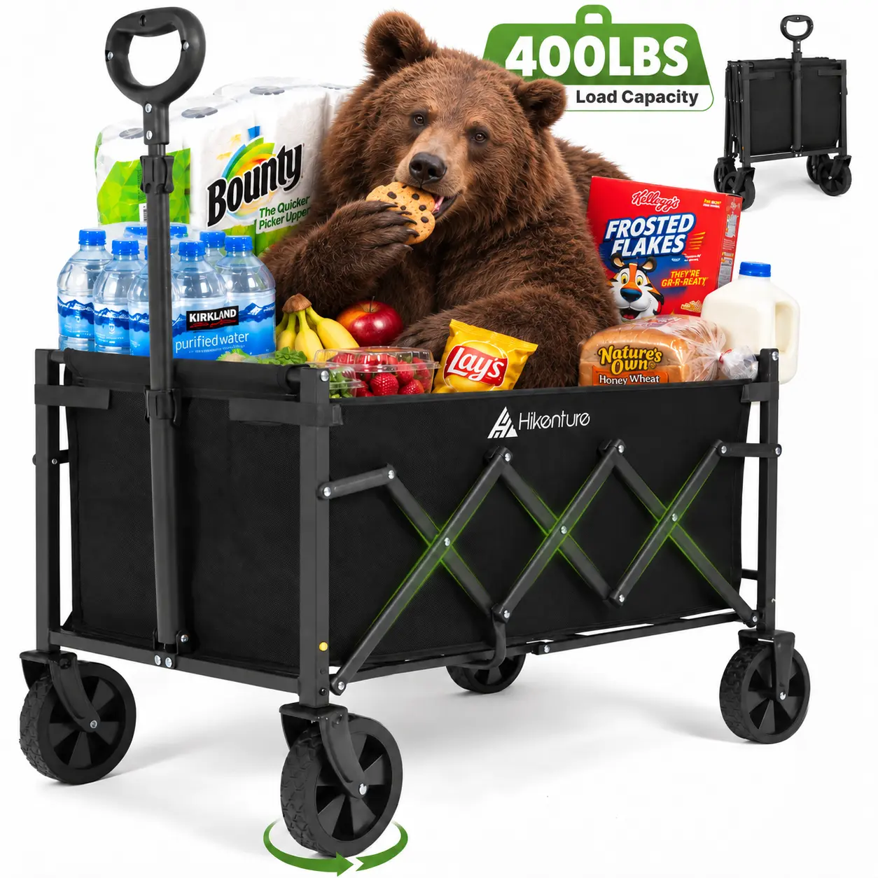 Hikenture Collapsible Wagon Cart with Wheels,400 lbs Foldable Wagon,9 lbs Lightweight Portable Utility cart, All Terrain Folding Wagon for Grocery Shopping, Garden, Sports, Camping, Daily Use