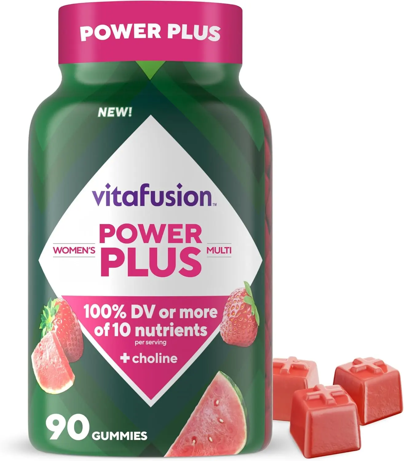 Vitafusion Power Plus Women's Multivitamin Gummies 100% DV 10 Nutrients Strawberry Watermelon 90 Count for Energy Bone Immune Health Dietary Supplement