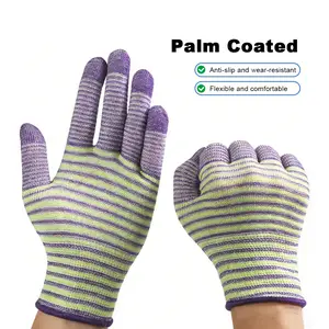 3 Pairs Women's Purple PU Coated Work Gloves | Non-Slip Grip | Stretchy Striped Safety Gloves for Gardening & Household Tasks
