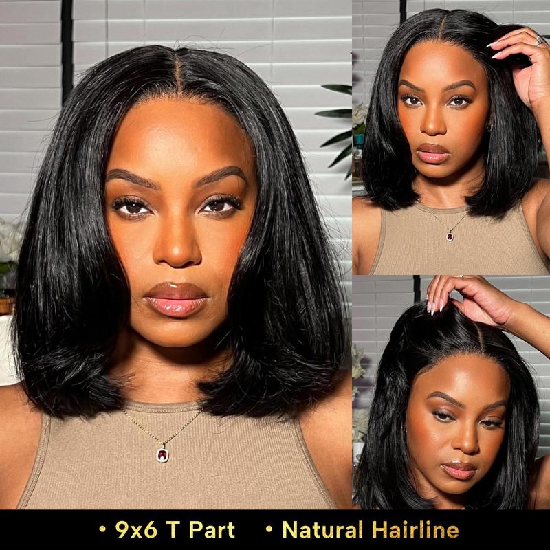 OQ Hair Full 220% Density Wear Go 9x6 Tpart Layered Cut Yaki Straight Bob Wig Reddish Brown Color Ear To Ear Deep Part Lace Glueless Wig Human Hair Pre Bleached Tiny Knots With Drawstring