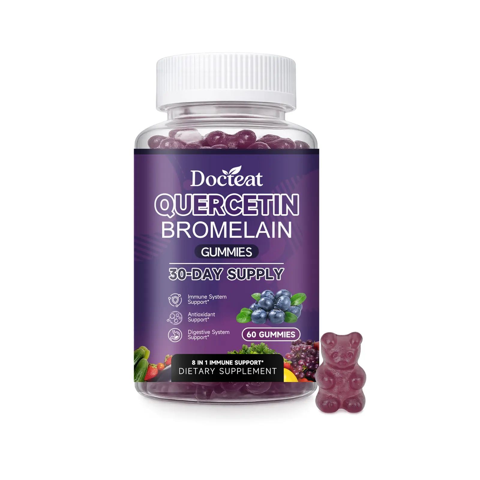 Quercetin Bromelain Gummies with Vitamin C & Vitamin K2, 8-in-1 Daily Wellness Supplement, Supports Immune Defense Heart Health Cognitive Function Antioxidant Digestive Health Natural Energy & Metabolism, 60 Gummies