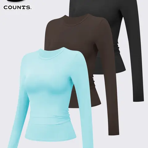 3 Pcs Sporty Long Sleeve Shirts, High Elasticity Waist Slimming Quick-Dry Breathable Dry Fit Stretch Fabric, Ideal for, Gym Travel Home Wear