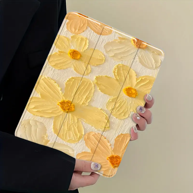 Textured Yellow Floral Design iPad Case, Tablet Casing, Tablet Accessories, Transparent Acrylic Stand Cover, Pencil Holder & Charger Slot, Fits iPad Pro/air/mini, Shock-resistant Protective Case for Office, School & Home