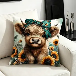 Cute Highland Cow Printed Throw Pillow, 45×45cm 1Pcs, Soft Polyester Fabric, with Pillow Insert and Zipper, Suitable for Sofa and Bedroom Home Decoration, Ideal Gift Choice