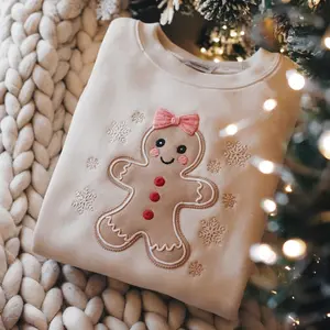[Made in US] Christmas Gingerbread Bow Sweatshirt, Festive Christmas Coquette Sweatshirt for Women, Embroidered Gingerbread Woman Shirt for Women