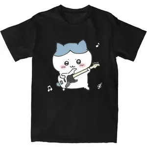 Chiikawa Hachiware Play Guitar T-Shirt Beach Awesome T Shirts 100% Cotton Harajuku Tshirt For Men's Short Sleeve Printed Tees