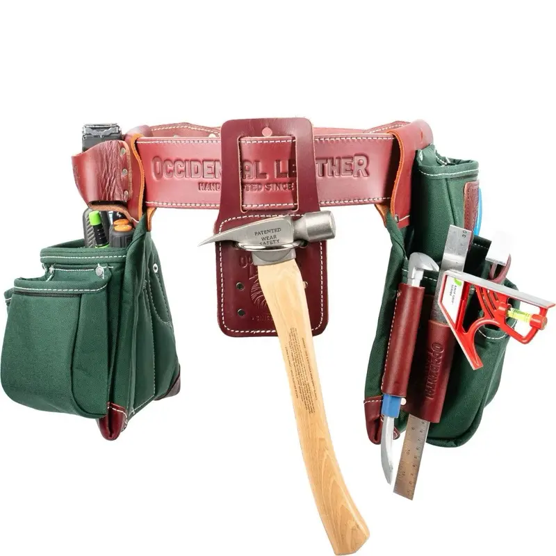 OxyLights️ 8080DB Framer Tool Belt Setup Green with Red Leather Straps and Green Pockets for Tools