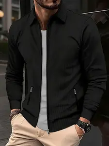 Men's Solid Waffle Knit Zip Up Jacket, Regular Fit Casual Long Sleeve Zipper Pocket Collared Outerwear for Fall & Winter, Men's Clothes for Daily Wear, Coats