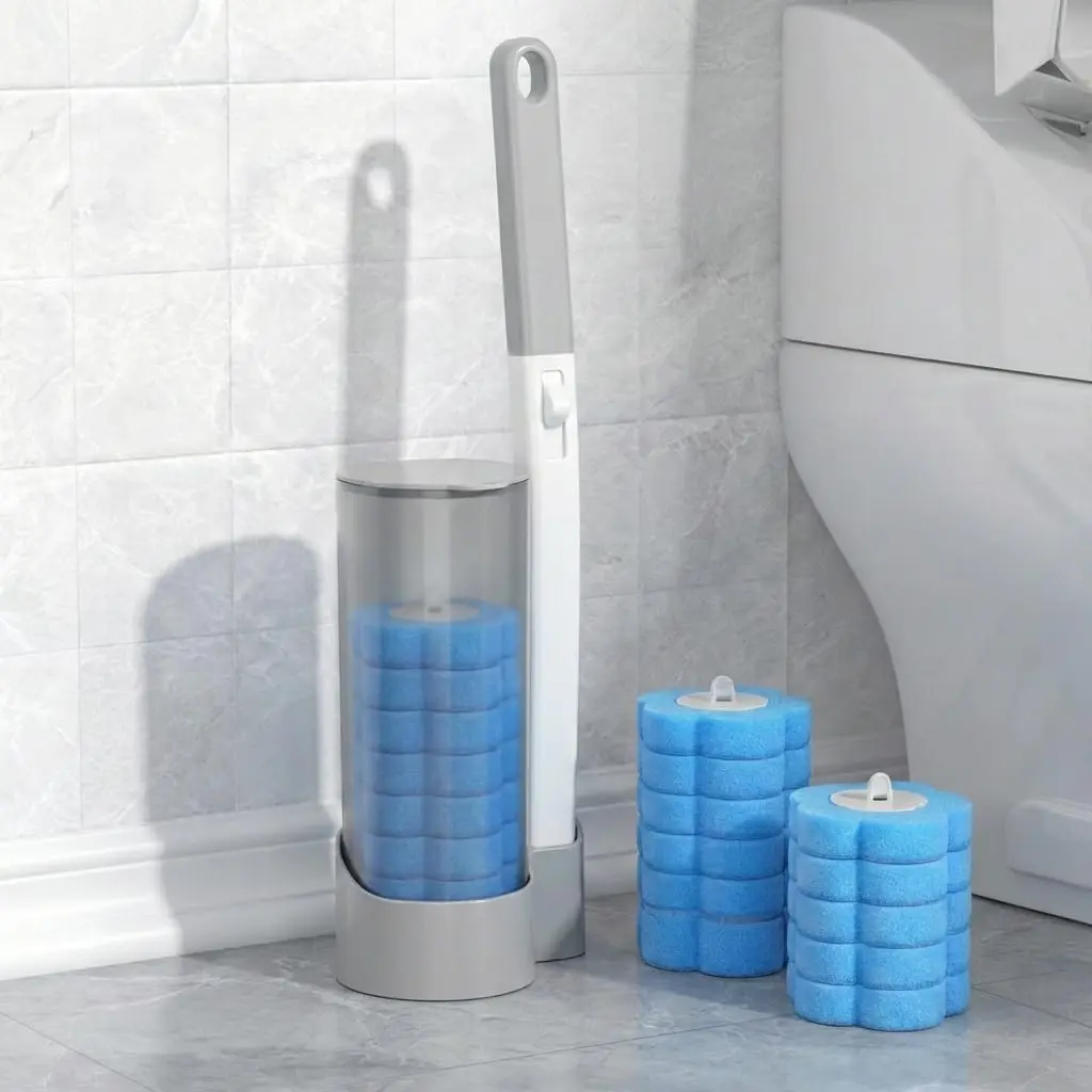 Disposable Toilet Brush Kit - Plastic Wand, 18/36 ABS Sponge Heads, Wall-Mounted Household Bathroom Essential for Sinks/Bathtubs/Drainage, Reduces Repetitive Scrubbing