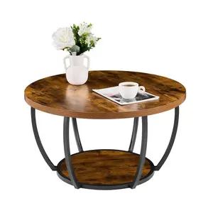 Two-Tier Round Coffee Table With Open Storage, Wooden Circle Center Table, Modern Minimalist Metal Frame, Rustic Brown Finish, End Table For Living Room And Office, Easy Assembly, Space-Saving Centerpiece Furniture