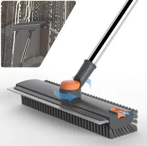 3-in-1 Heavy-Duty Floor Scrub Brush - Adjustable Stainless Steel Long Handle, Stiff 90° Bristle Push Broom with Silicone Squeegee & Tweezer, Cordless Home Cleaning Tool for Patio, Tile Surfaces, squeegee brush household