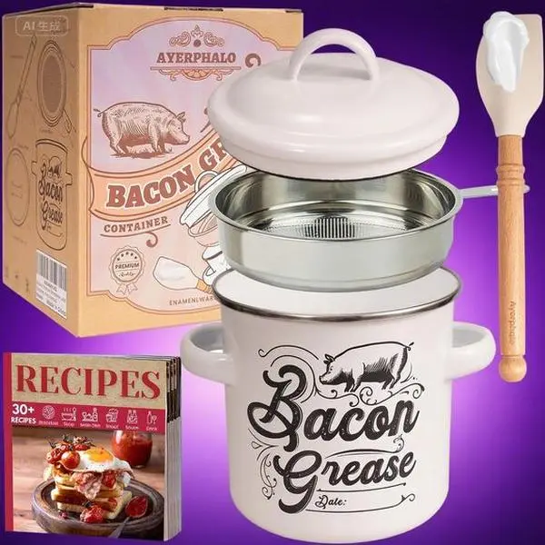 46OZ Large Capacity Grease Keeper with Strainer - Enamel Drippings Container, Dishwasher Safe, Includes Silicone Wooden Spatula, Farmhouse Kitchen Decor, Rustproof and Leakproof Design