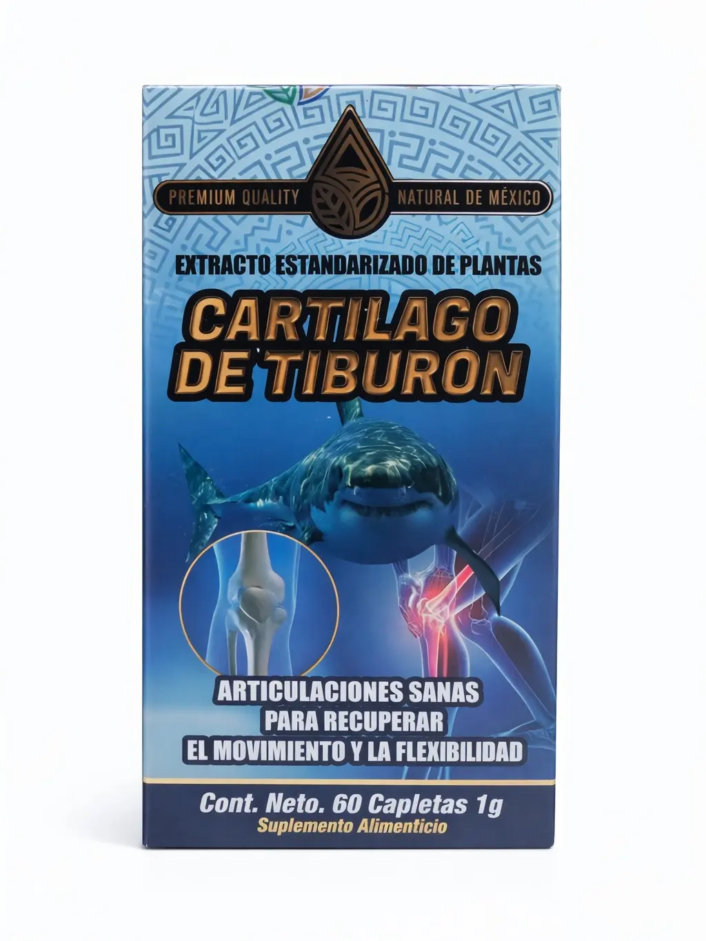 Cartílago de Tiburón Shark Cartilage Suplemento Natural Premium | Apoya la Salud de las Articulaciones Supports Joint Health, Mobility & Flexibility | Standardized Plant Extract | 60 Caplets (1 g Each)