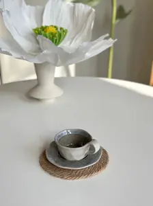 Glazed Ceramic Teacup and Saucer - Traditional Wide Mouth Mug with Marbled Grey & White Finish - Dishwasher & Microwave Safe Drinkware