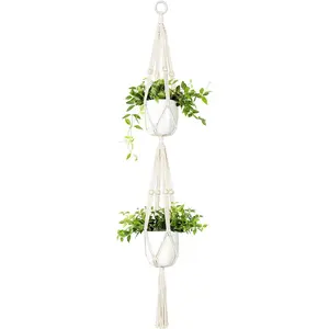 Macrame Double  Hanger Indoor Outdoor 2 Tier Hanging Planter Basket Cotton Rope with Beads 4  49 Inches