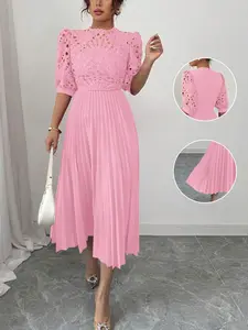 Elegant Luxury Solid Color Hollow Embroidery Patchwork Pleated Dress