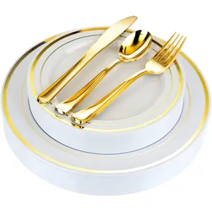 125-Piece White and Gold Fancy Disposable with Silverware, Elegant Dinnerware for Weddings, China, Set of 25 Dinner + Salad, 25, 25, 25