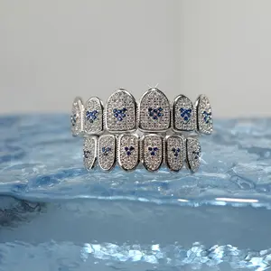 2pcs/set LADORAL Hip Hop Grillz with Synthetic Diamonds - Double Color Blue & Clear Synthetic Zircon ​   Accents, Golden-Tone Braces for Men & Women, Funky Style Dental Jewelry, Hip Hop Grillz, Sleek Metallic Finish, Durable Jewelry