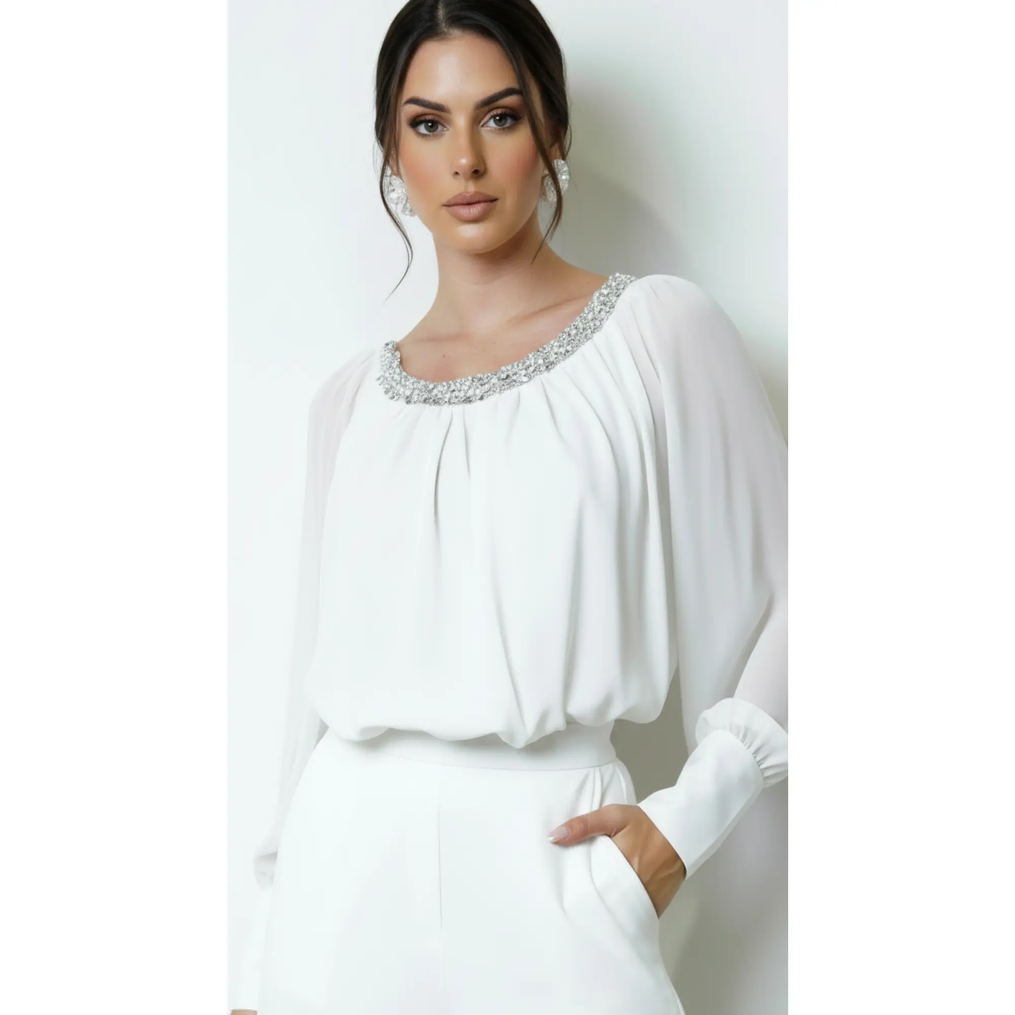 Halo Beaded Sheer Blouse - White