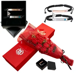 Roses Bouquet Artificial Flower - Preserved Red Soap Rose Flowers with Love Bracelet for Her - Unique Gifts Valentine's Day, Mother's Day, Thanksgiving, Birthday, Anniversary