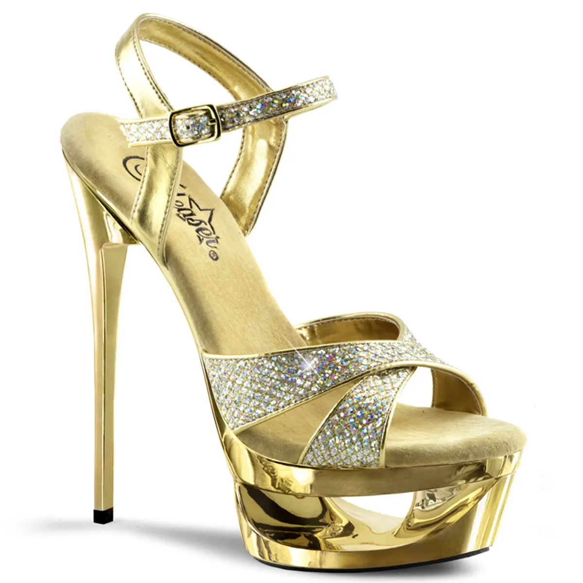 Women's Gold Glitter Strappy Heeled Sandals with Criss-Cross Ankle Strap, 6.5" Stiletto Heel & 1.75" Cut-Out Chrome Platform, High Heels, Strappy Sandals, Footwear, Statement Shoes
