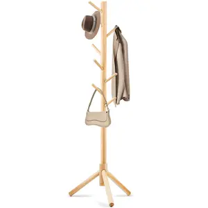 Solid Wooden Coat Rack Freestanding, New Zealand Pine Coat Tree with 8 Hooks & 3 Adjustable Sizes for Coats, Hats, Handbags and Scarves, Space Saving for Entryway/Office/Bedroom (Nature)