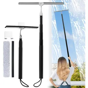 2-in-1 Window Squeegee, Shower Squeegee Window Cleaning Set, with Extension Rod and Long Handle Squeegee, Suitable for Shower Glass, Floor, Bathroom, Home, Outdoor, 12inch Wide, Black