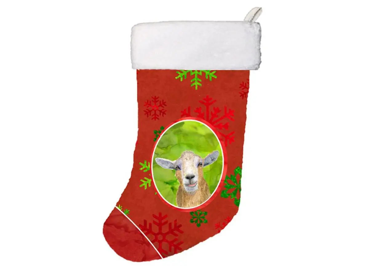 Goat Red Snowflakes Artwork Christmas Stocking, Festive Home Decor, 11x8 In